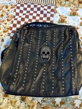 Men's Black Studded Messenger Bag with Skull Accent